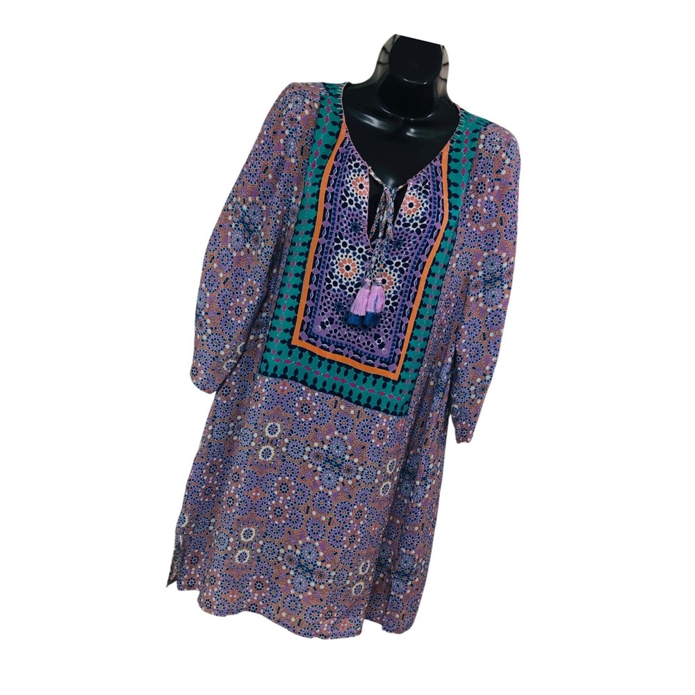 Tolani Purple Silk Dress Boho Resort Maximalist Abstract Artsy Tassels Womens S